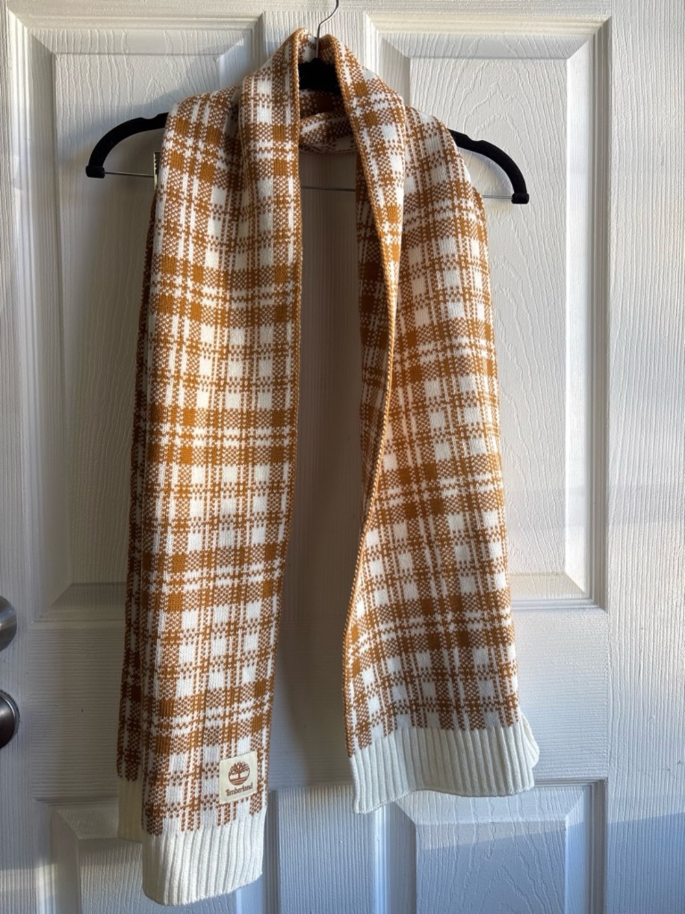 Timberland Knit Scarf Wheat Tan Cream Buffalo Plaid One Size